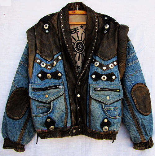 Absolutely Unique! Funky Genuine Leather & Denim Jacket, One of a Kind, M Size 36 & L Size 38
