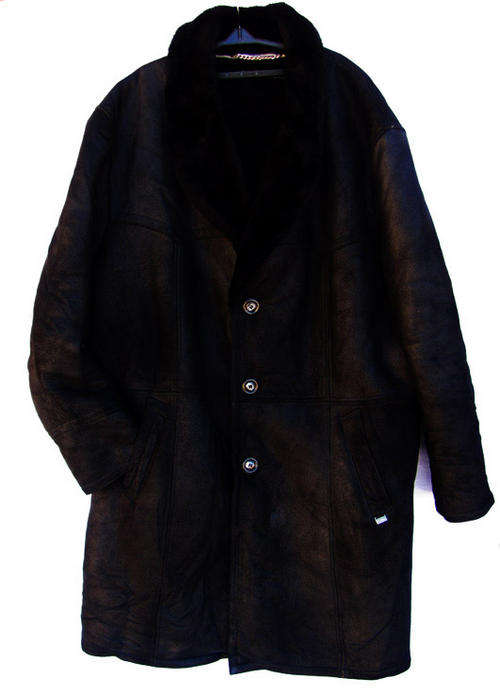 Mens Stylish Black Genuine Long Leather Coat, with Acrylic Fur Lining, SA Size 40
