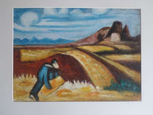 M.L. SIGNED OIL PAINTING OF HARVESTER