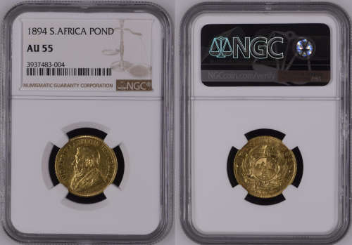 South Africa 1894 Pond Paul Kruger pre Boer War ZAR gold coin AU55