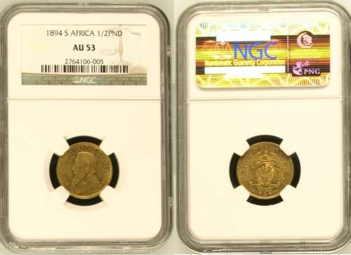 South Africa 1894 Half Pond Paul Kruger pre Boer War ZAR gold coin AU53