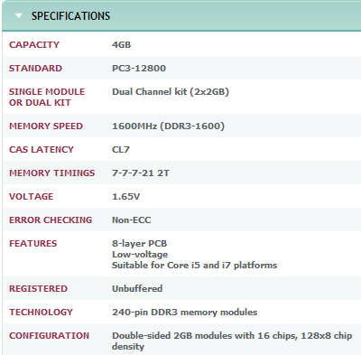 Xtreem LV DDR III 1600 4GB RAM - Specs