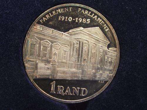 SILVER 1985 PARLEMENT R1 COIN IN BLUE SA MINT BOX!!!!
