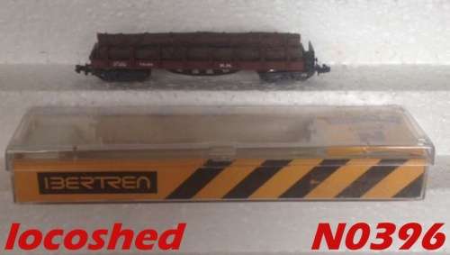 N gauge Open runged Flat Goods Wagon loaded w raw timber, mint boxed N0396 L.Ibertren