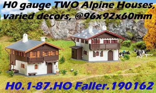 H0 gauge set of TWO Alpine Houses, varied decors, @96x92x60mm buildingkit #H0.1-87.HO Faller.190162