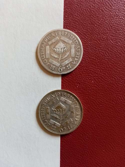 2 x South African Silver Sixpences dated 1947 and 1948