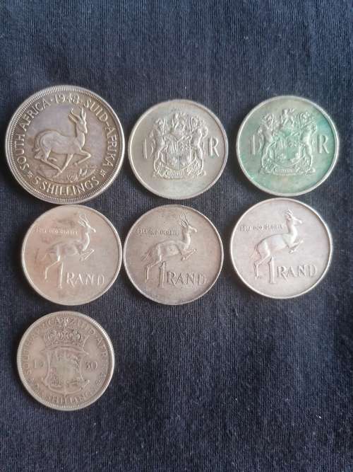 7x 80%SA Silver Coins incl Coat of Arm R1's, Eng R1, 1930 2.5 Shilling