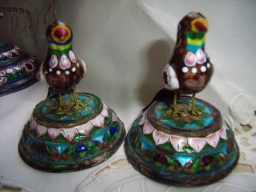 Cloisonne PH Artistic Enamel Sterling Silver Meena Parrot Bird on Tree PLUS  2 Smaller Birds