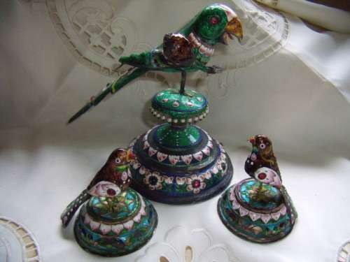 Cloisonne PH Artistic Enamel Sterling Silver Meena Parrot Bird on Tree PLUS  2 Smaller Birds
