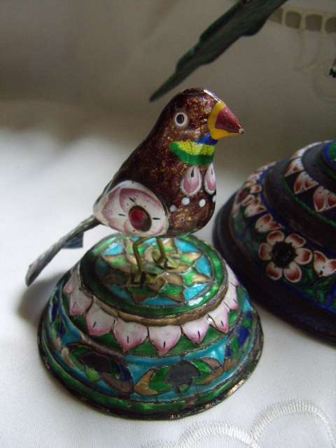 Cloisonne PH Artistic Enamel Sterling Silver Meena Parrot Bird on Tree PLUS  2 Smaller Birds