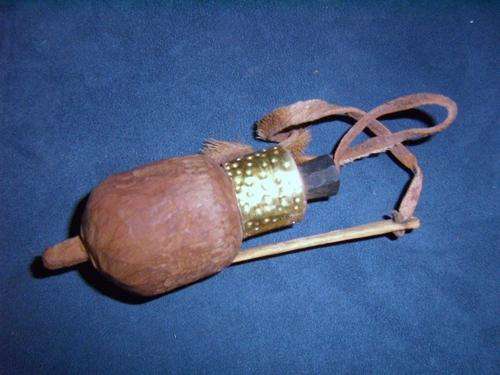 Ethnic Wood Snuff Bottle with Gold Metal Collar, Handmade Bottle Cap and Leather Strap