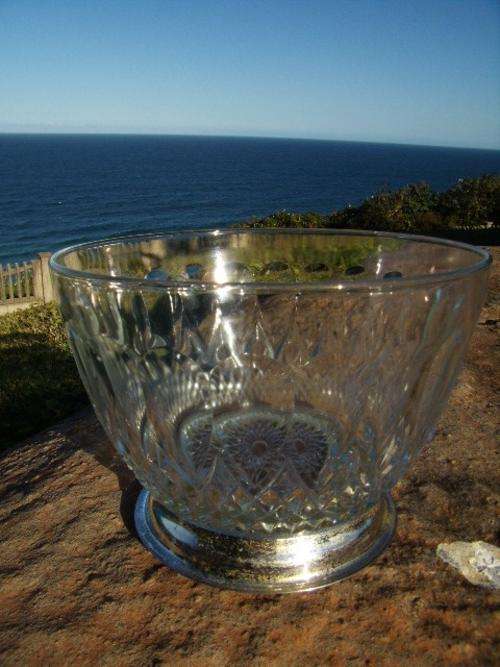 Large Glass Bowl with Silver Rim