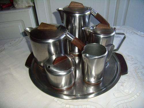 Art Deco Style '50- Full Stainless Steel Wood finish 6 piece Tea Pot, Coffee Pot & Hot Water Pot Set