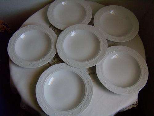 Discontinued Range 6 x White Pattern Huguenot Royale Soup Plates