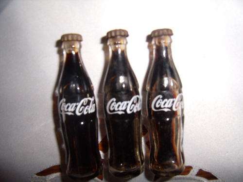 Minature Glass Coke Bottles x 3 for one bid. 8cm Tall
