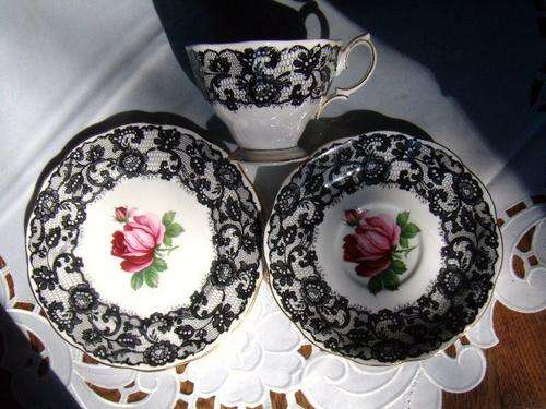 Royal Abert "Senorita" 1926 Trio Delicate Black lace with a Red Rose  No Damage to Report