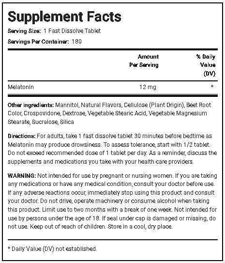 Melatonin, 12mg, 180 Tablets (6 MONTHS SUPPLY)