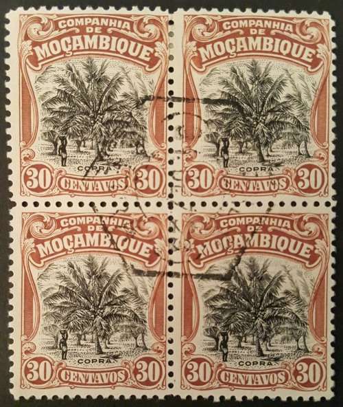 Mozambique Company postage stamps, 1918-31, 30c, coconut palm, block of four
