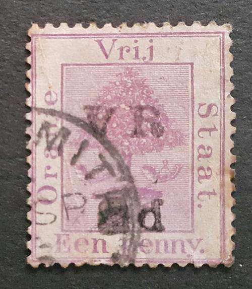 Orange Free State postage stamp with strange overprint, orange tree, 1900