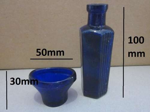 VINTAGE OPTREX COLBALT BLUE GLASS EYE WASH BATH plus OCTAGONAL CHEMISTS BOTTLE