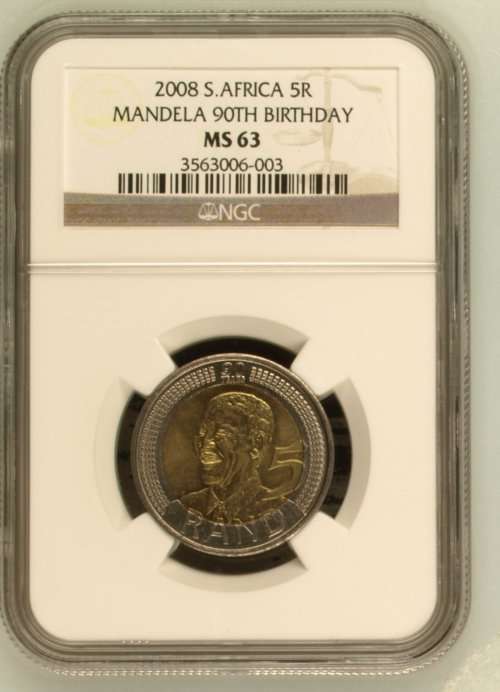 *** MS63 *** Nelson Mandela 90th Birthday Five Rand - R5 2008 - Uncirculated NGC Graded