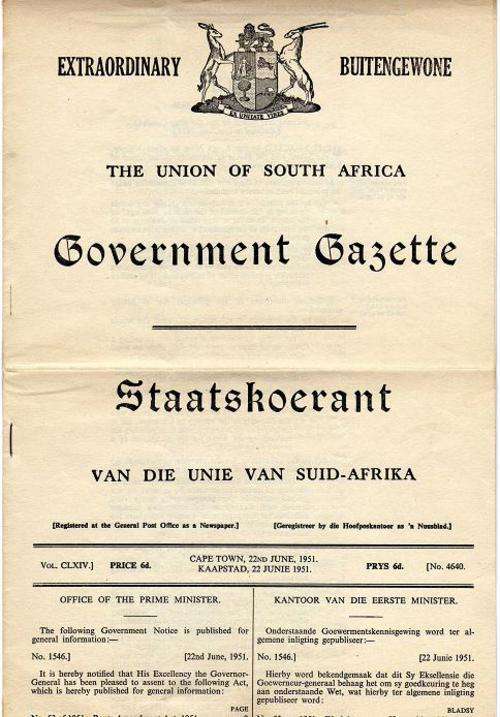 UNION OF SOUTH AFRICA - GOVERNMENT GAZETTE 22 JUNE 1951
