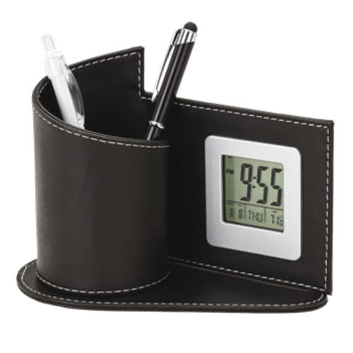 Leatherette Pen Holder with Digital Clock - Barron - New