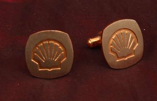 Gold plated cufflinks with SHELL Oil Company logo engraved