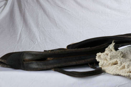 3 old bags need a clean - SAA zipped bag, old leather zipped bag and old knitted bag