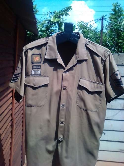 SADF BROWNS SHIRT WITH RANK NAME TAG AND OTHER BADGES