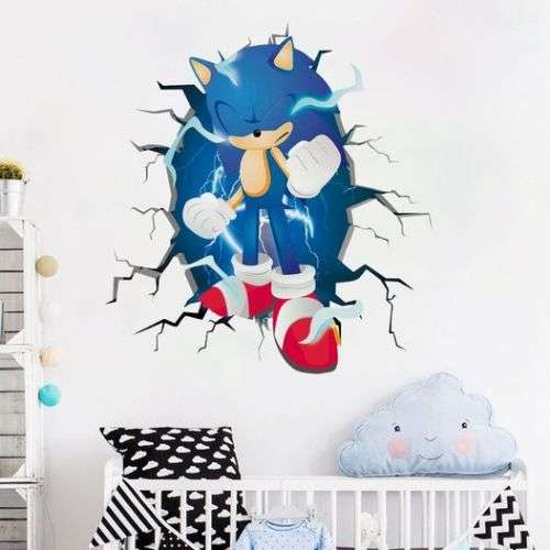 Sonic The Hedgehog Cartoon 3D Broken Wall Game Wall Stickers Children`s Bedroom