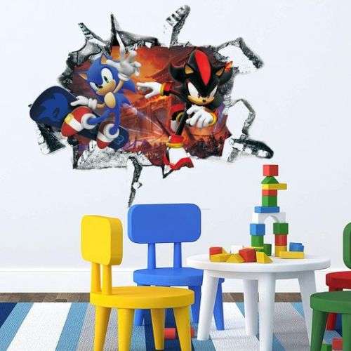 Sonic The Hedgehog Cartoon 3D Broken Wall Game Wall Stickers Children`s Bedroom