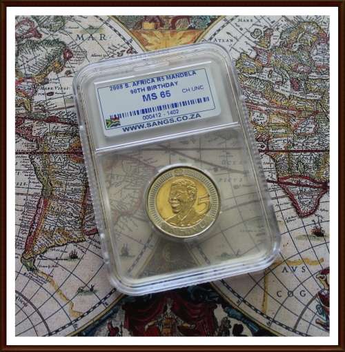 South Africa, Five Rand, Mandela 90TH Birthday, Grade SANGS MS 65.