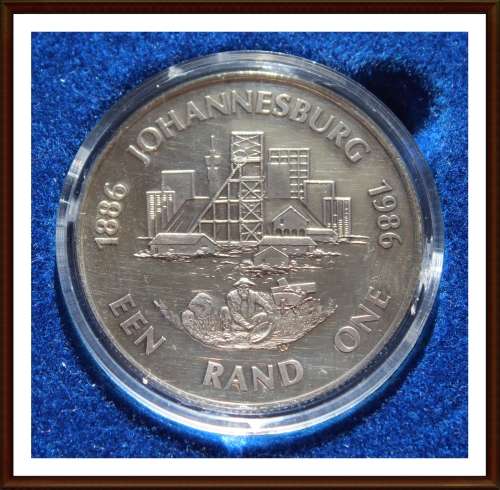 1986 PROOF silver One Rand, Johannesburg Centenary,Excellent Coin, Box as per Photo.