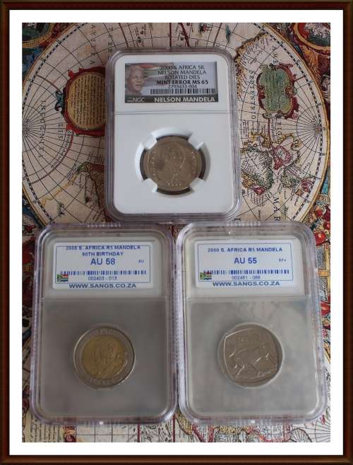 RARE rotated dies NGC MS65 Mandela 2000 R5 + 2 FREE  Graded Mandela R5s, as per Photo