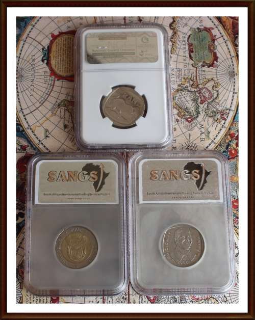 RARE rotated dies NGC MS65 Mandela 2000 R5 + 2 FREE  Graded Mandela R5s, as per Photo