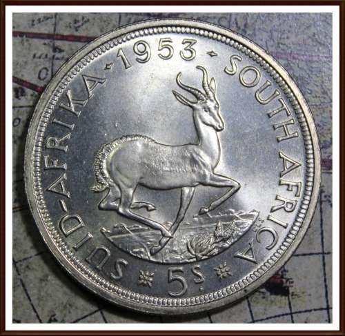 1953 Uni. of S. A. 5 Shillings,  Almost UNC, Judge Condition for Yourself,  asper Photo.