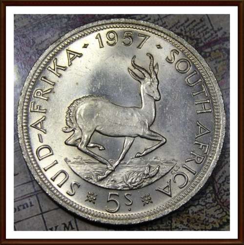 1957 Uni. of S. A. 5 Shillings, Coin Almost UNC, Judge Condition for Yourself, asper Photo.