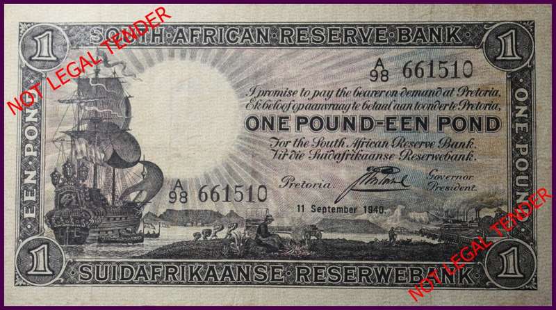 South African Bank Note : ONE POUND - EEN POND  11 SEPTEMBER 1940 J. Postmus. as per Photo.