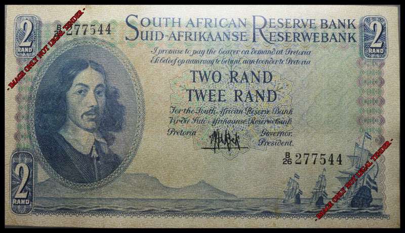 South African Bank Note : TWO RAND / TWEE RAND : (ONLY  ISSUE) MH de KOCK. as per Photo.