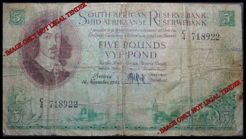 South African Bank Note :FIVE POUNDS / VYE POND : 16 NOVEMBER 1948 : (2nd  ISSUE) MH de KOCK.