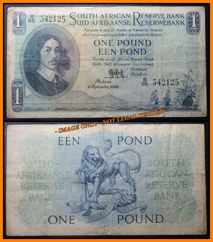 1950 S. A. Bank Note : ONE POUND / EEN POND : MH de KOCK : (4 SEPTEMBER 1950) (SECOND ISSUE).