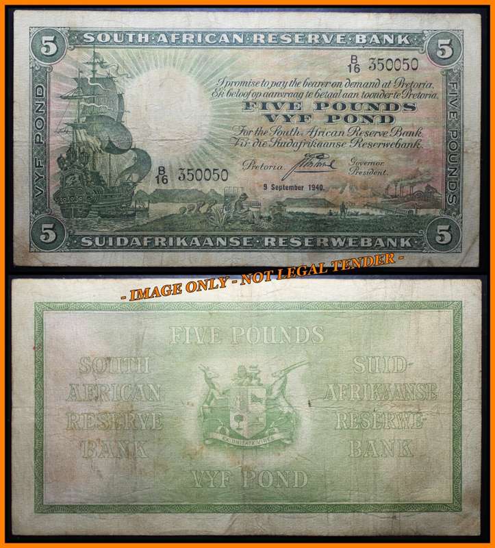 S. A. Bank Note : FIVE POUND - VYF POND - 9 SEPTEMBER 1940 -  J POSTMUS  (ONLY ISSUE)..