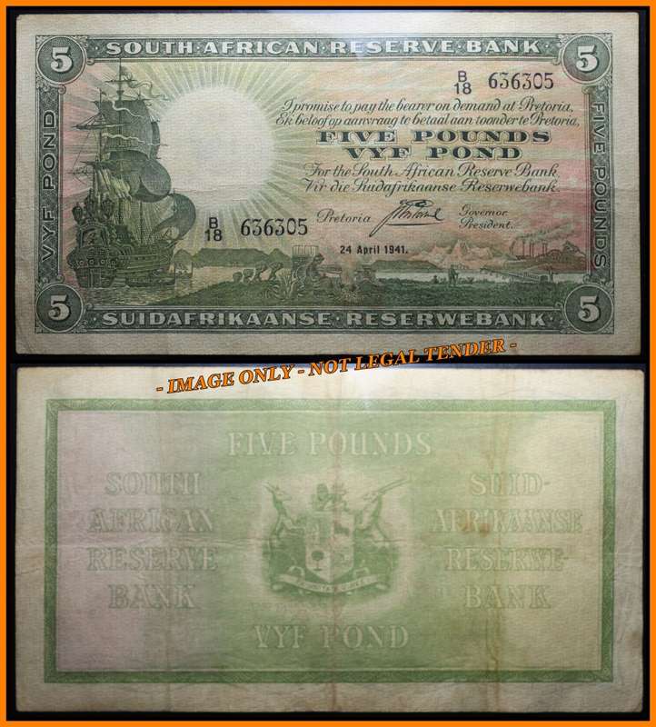 S. A. Bank Note : FIVE POUND - VYF POND - 24 APRIL 1941 -  J POSTMUS  (ONLY ISSUE)..