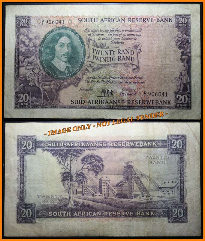 1961  S. A. Bank Note : TWENTY RAND / TWINTIG  RAND  : MH de KOCK : (ONLY ISSUE)
