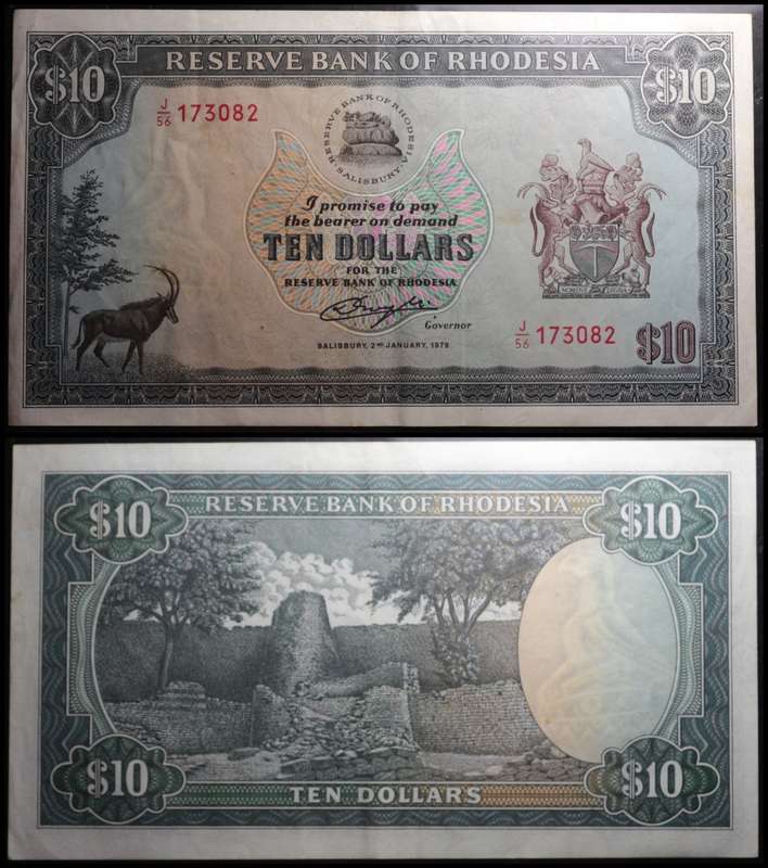 RHODESIA  :  TEN DOLLARS (SALISBURY 2ND  JANUARY 1979) (Circulated Conditions).