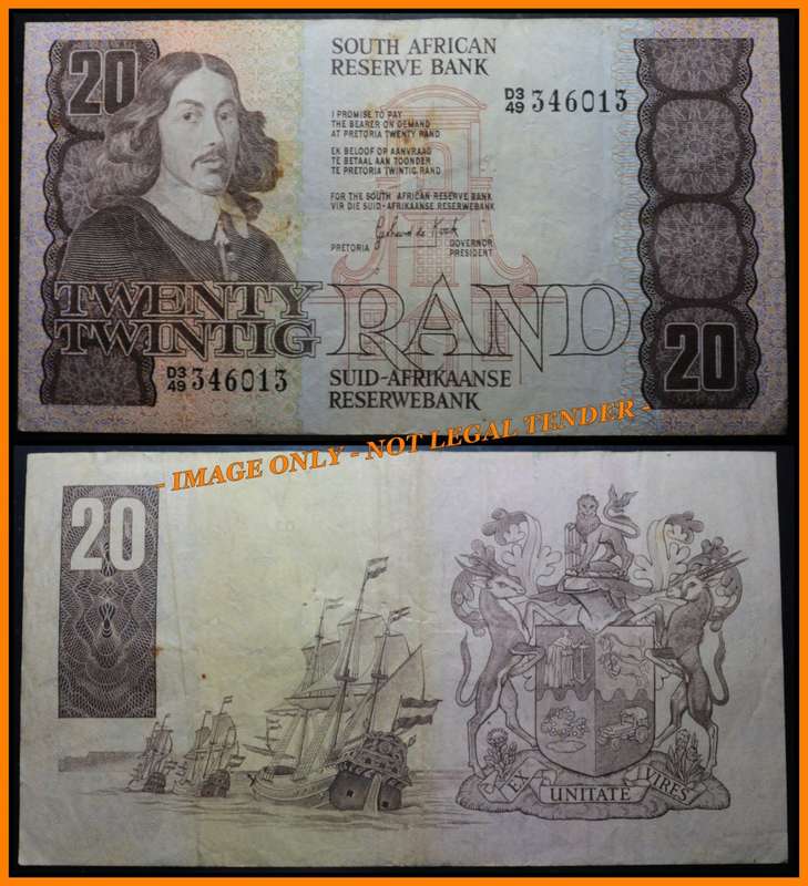 1984 S. A. Bank Note :TWENTY RAND / TWINTIG RAND  : GPC de KOCK : (THIRD ISSUE 1984) .