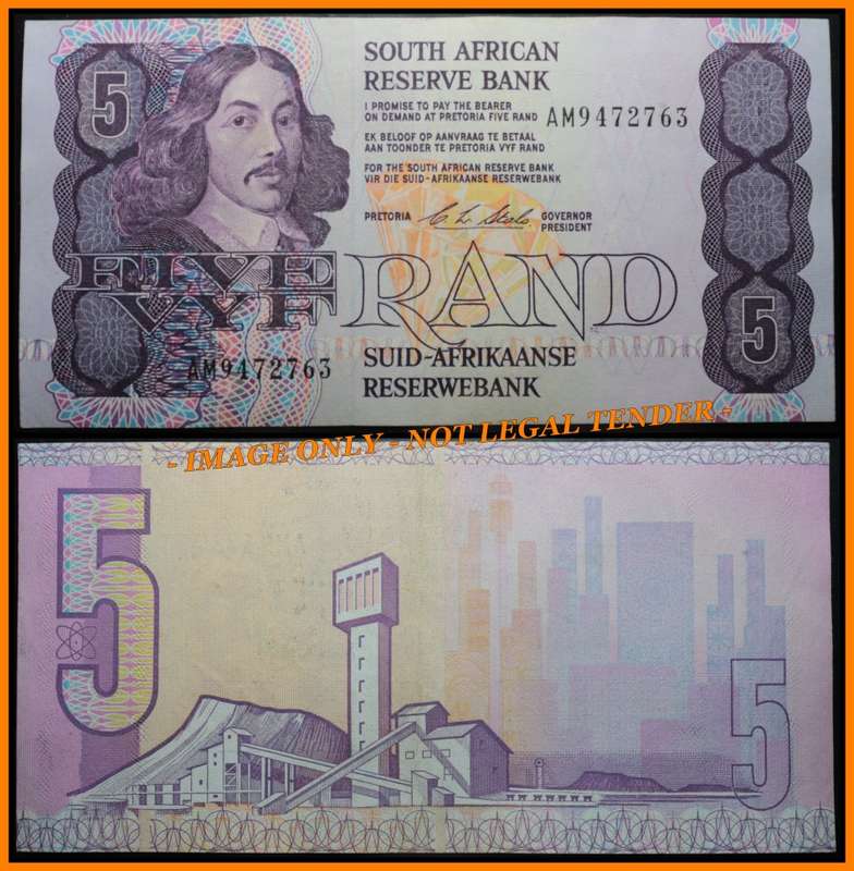 1989 S. A. Bank Note : FIVE RAND / VYF RAND : GPC de KOCK :  (THIRD ISSUE 1989).