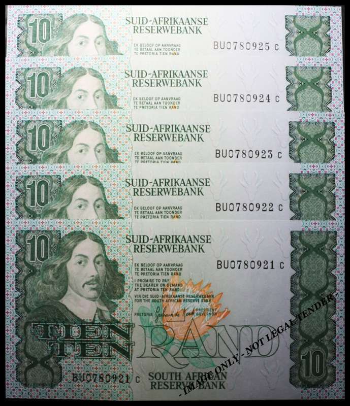 S. A. Bank Note : TIEN / TEN RAND  : GPC de KOCK : UNC NOTES CONSC. Nº 921 to 925 High Conditions.