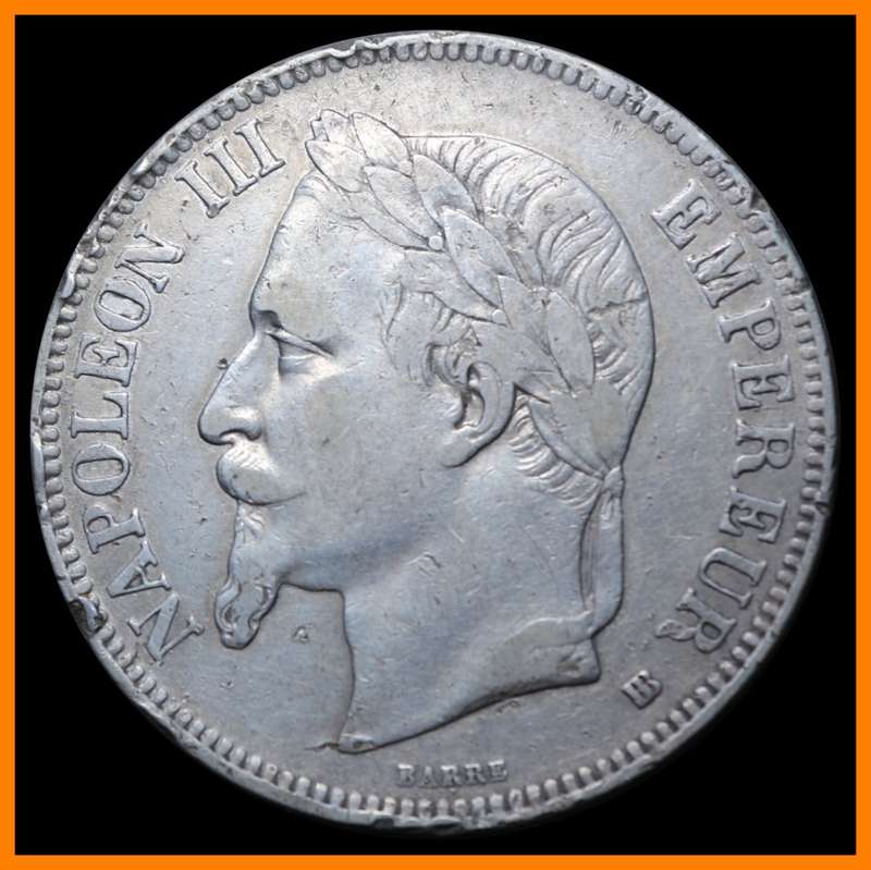 1869 : EMPIRE FRANCAIS : 5 FRANCS : NAPOLEON III : Circulated Coin, as per Photo.